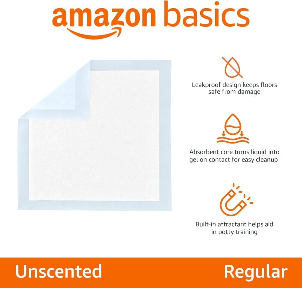 Amazon Basics Dog and Puppy Pee Pads with Leak-Proof Quick-Dry Design for Potty Training, Standard Absorbency, Regular Size, 22 x 22 Inches, Pack of 100, Blue  White