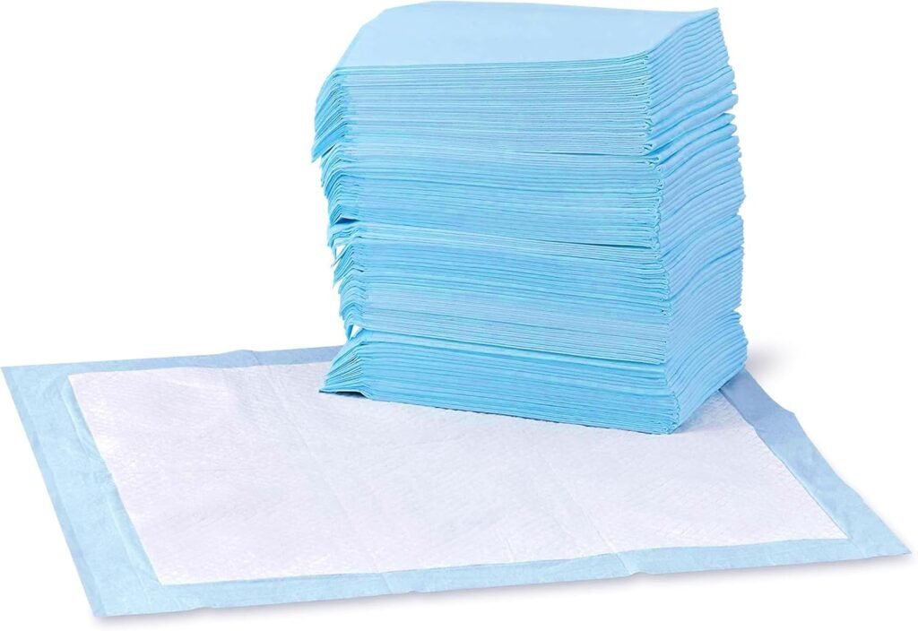Amazon Basics Dog and Puppy Pee Pads with Leak-Proof Quick-Dry Design for Potty Training, Standard Absorbency, Regular Size, 22 x 22 Inches, Pack of 100, Blue  White