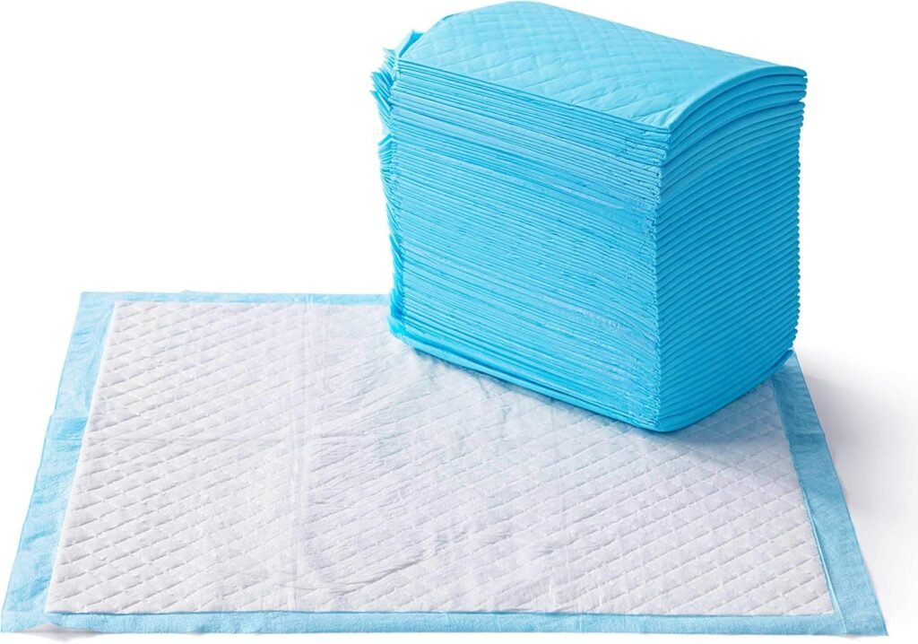 Amazon Basics Dog and Puppy Pee Pads with Leak-Proof Quick-Dry Design for Potty Training, Standard Absorbency, Regular Size, 22 x 22 Inches, Pack of 100, Blue  White