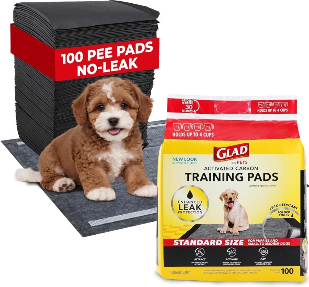 Glad for Pets Black Charcoal Puppy Pads - Super Absorbent Disposable Dog Pee Pads, Potty Training Pads, and Pet Supplies - Dog Pee Pads for Crate Training and Indoor Use 23 x 23 - 100 Count