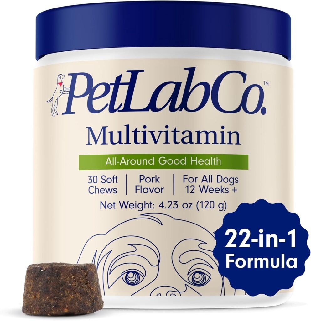 PetLab Co. 22 in 1 Dog Multivitamin - Support Dogs Immune Response, Skin, Coat, Joints  Overall Health - Vitamins A, E, D, B12, Minerals, Antioxidants - Chewable Pork Flavor